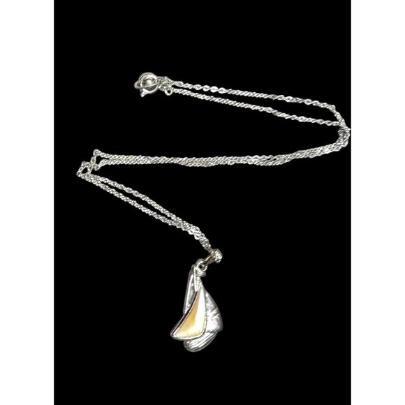 Preppy Nautical Silver Tone Sailboat Pendant Necklace With Shell Inlay - Picture 2 of 6
